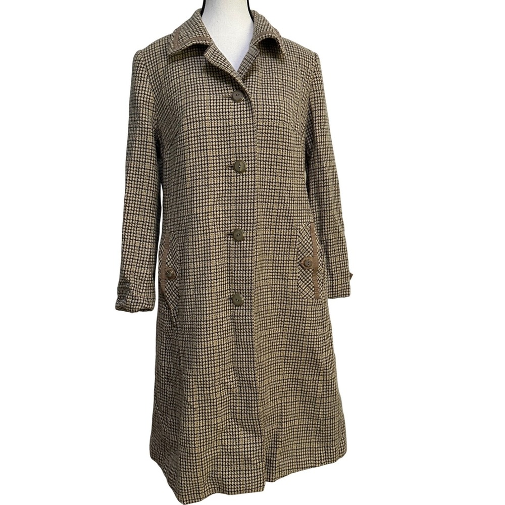 Vintage West Germany Virgin Wool Trench Coat M Brown Houndstooth Dark Academia